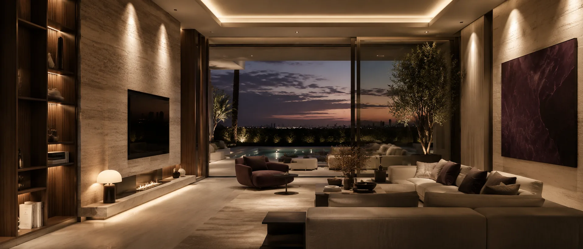 A living room at dusk, used to preview colour temperature